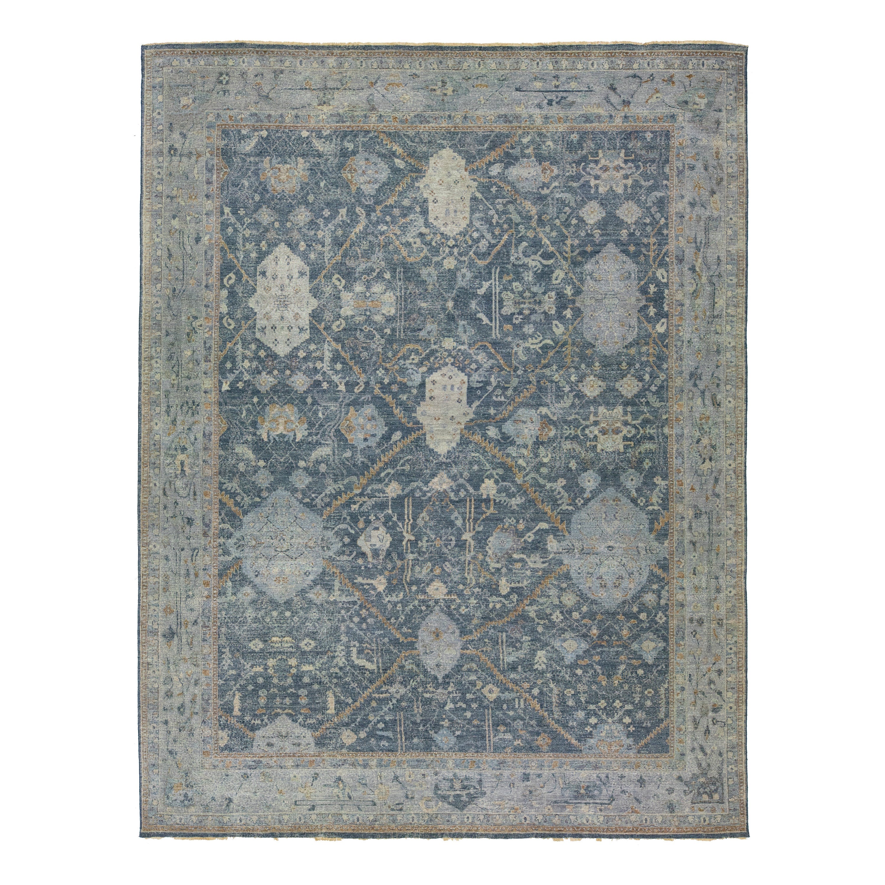 Moderner blauer Täbris-Teppich aus indischer Wolle von Apadana, handgefertigt mit Allover-Muster im Angebot