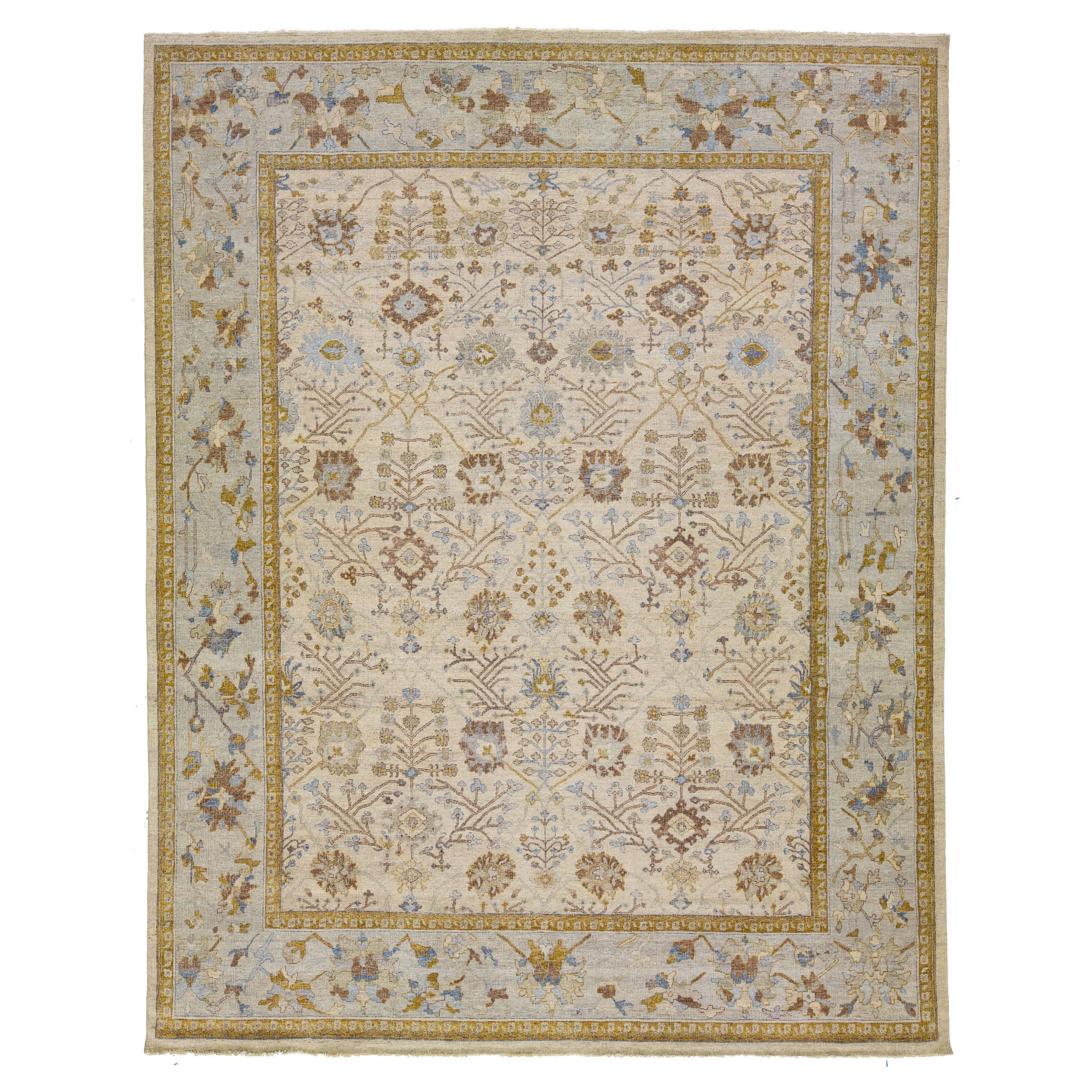 Handmade Modern Mahal Indian Beige Wool Rug with Allover Design by Apadana For Sale