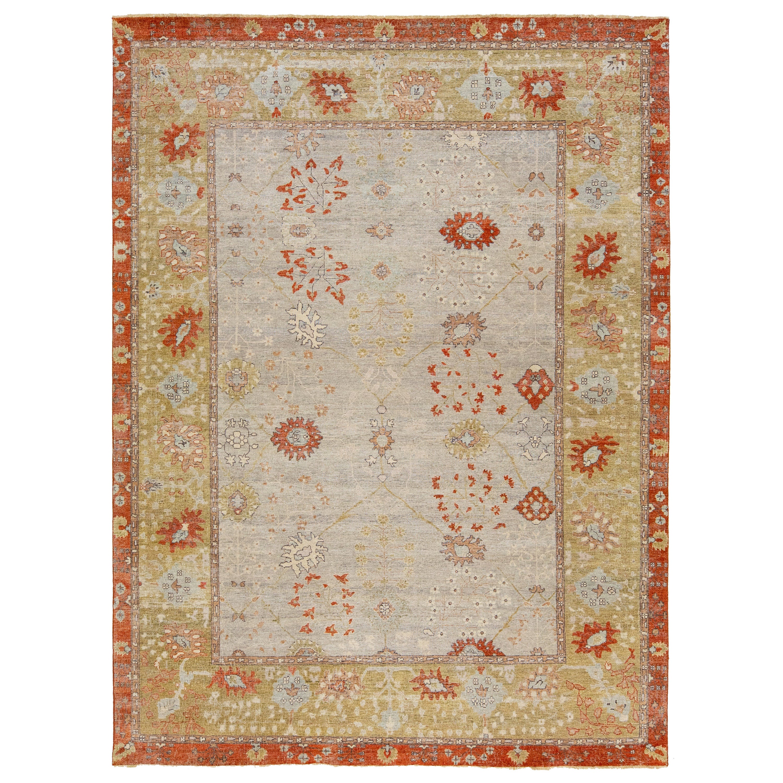 Handmade Tabriz Modern Indian Wool Rug in Gray & Orange Floral Motif by Apadana For Sale