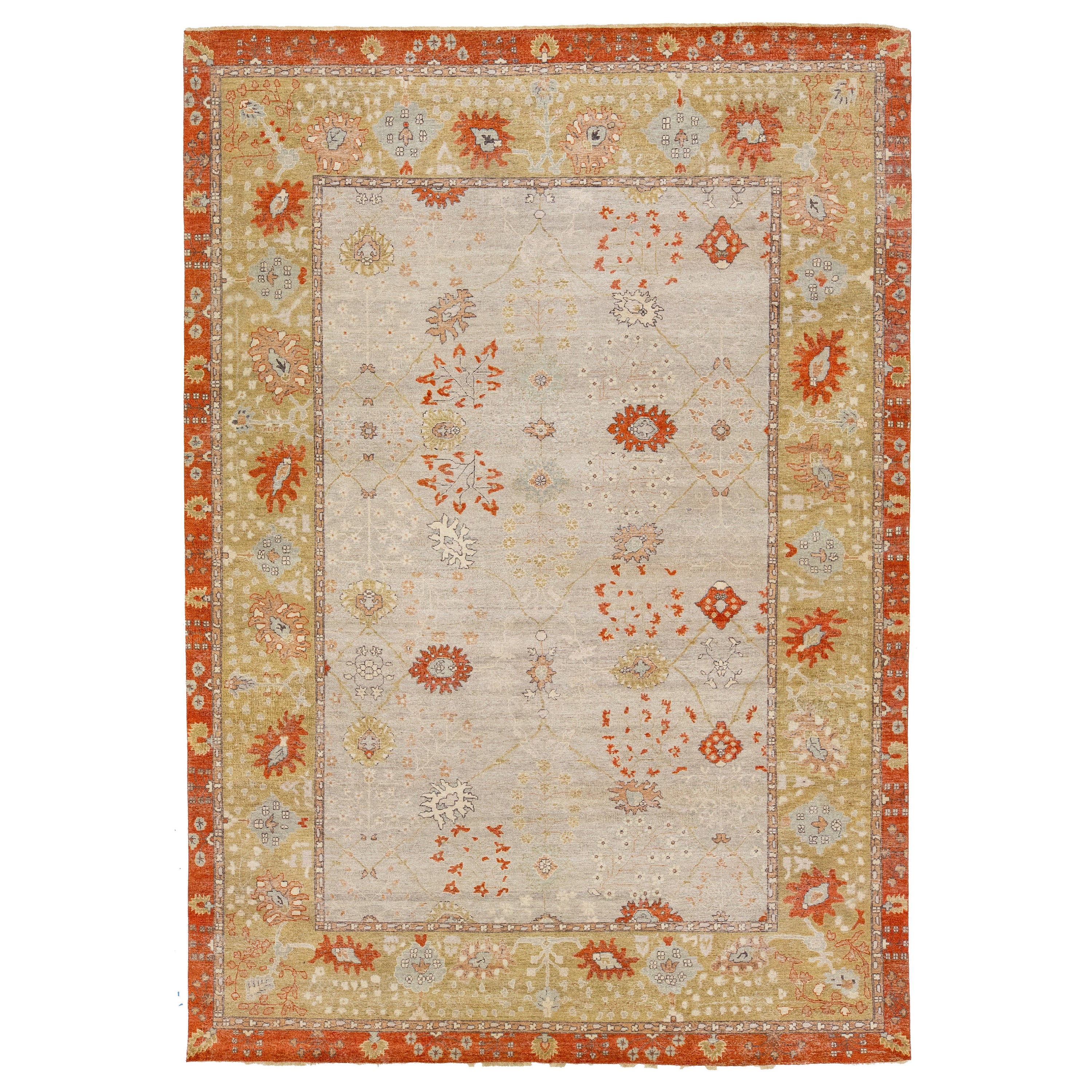 Room Size Modern Tabriz Indian Wool Rug in Gray & Orange by Apadana