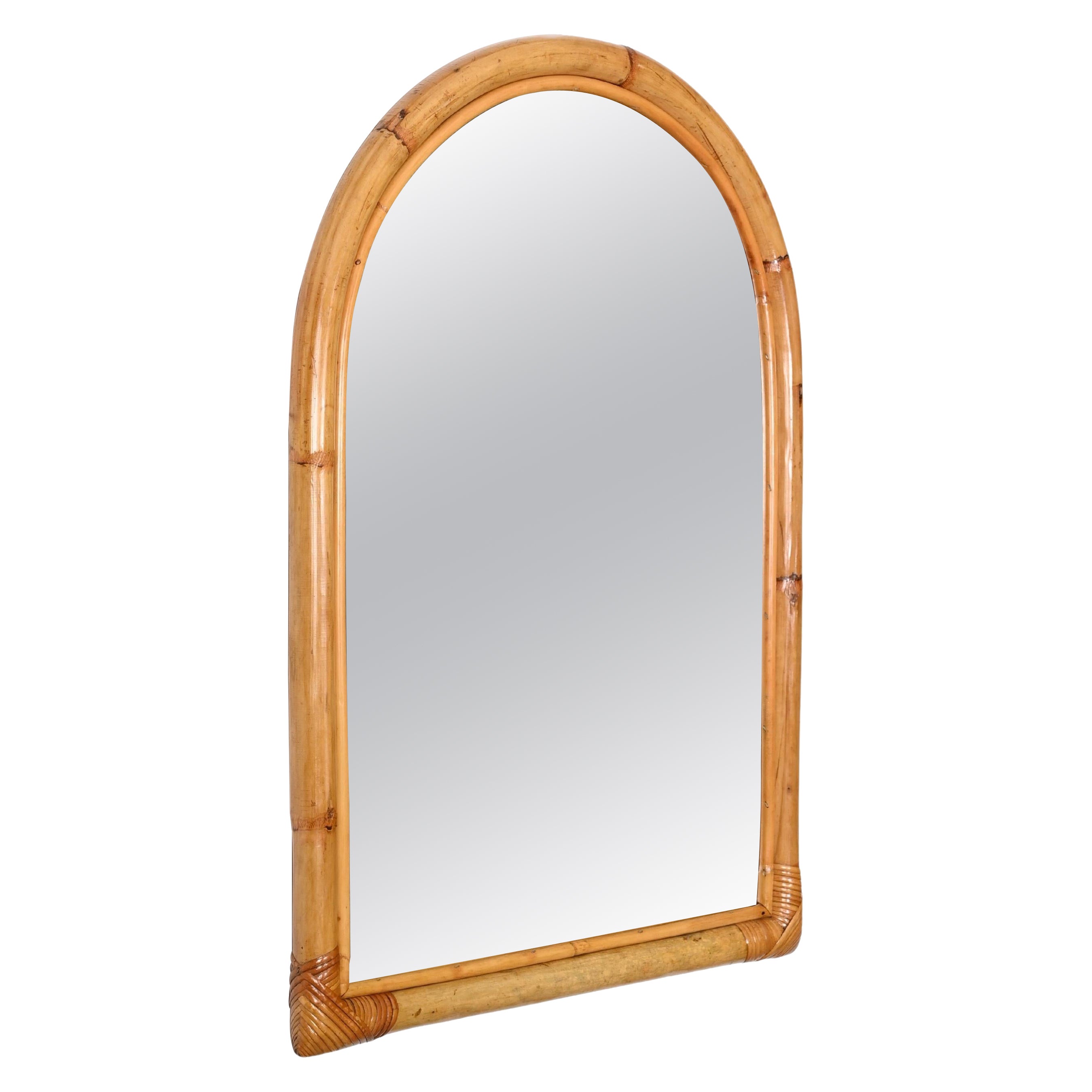Mid-Century Arch Mirror with Double Bamboo Frame and Rattan Wicker, Italy, 1970s For Sale
