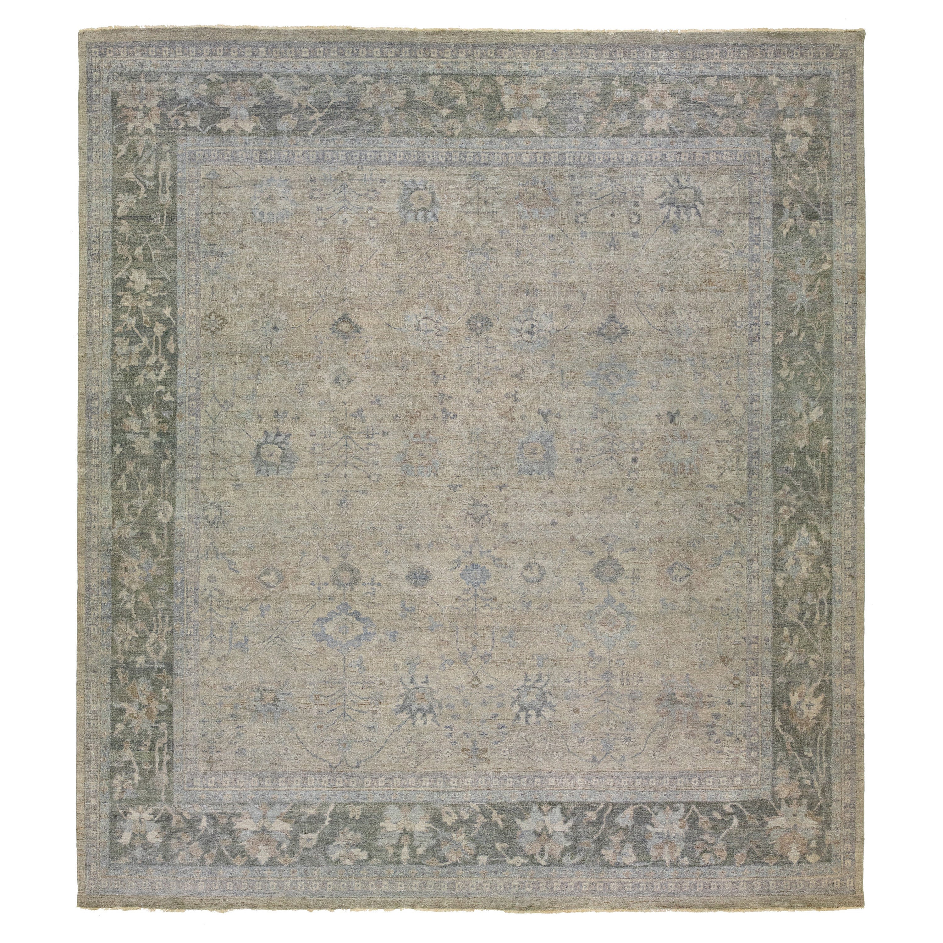 Gray Indian Modern Mahal Square Wool Rug Handmade With Allover Motif by Apadana For Sale