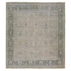 Gray Indian Modern Mahal Square Wool Rug Handmade With Allover Motif by Apadana