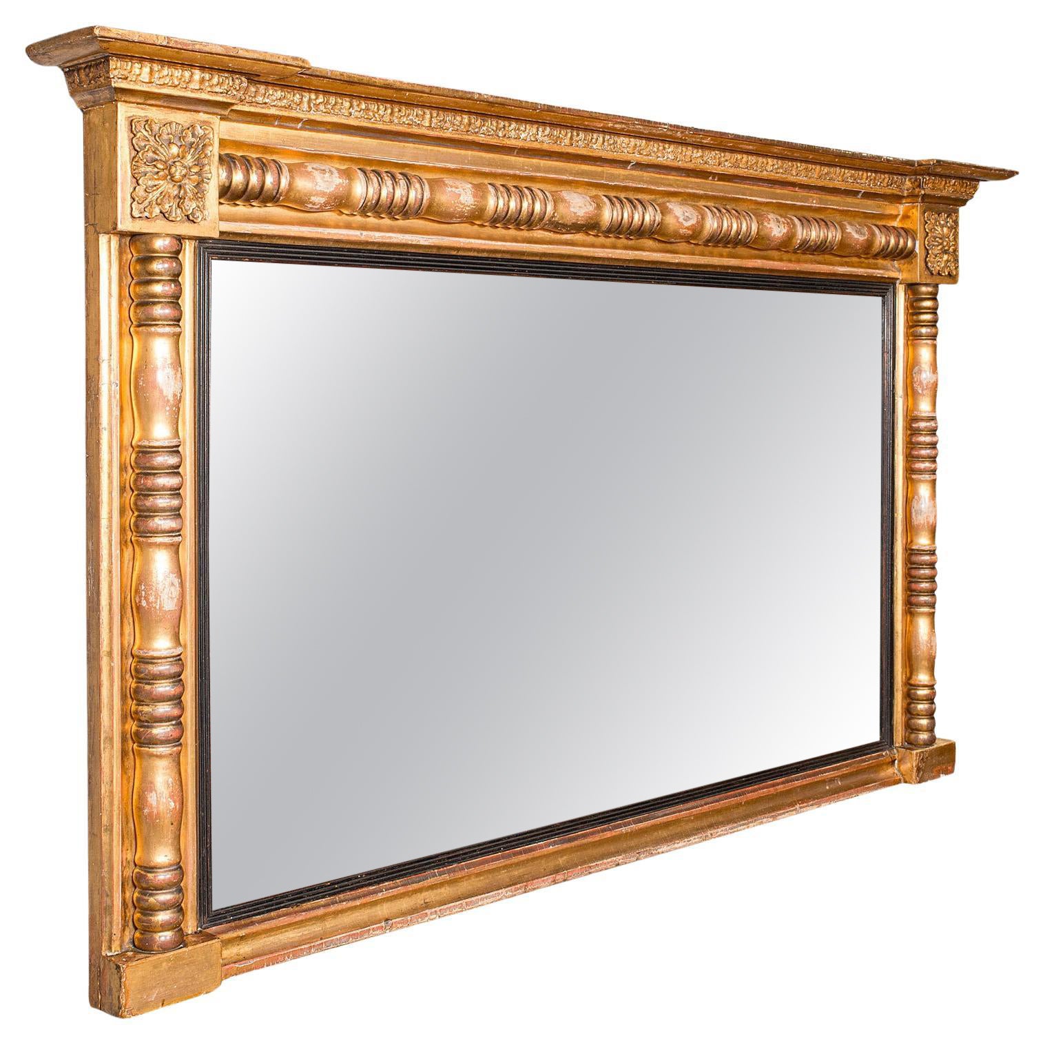 Grand miroir ancien, anglais, bois doré, verre mercuré, Régence, 1820