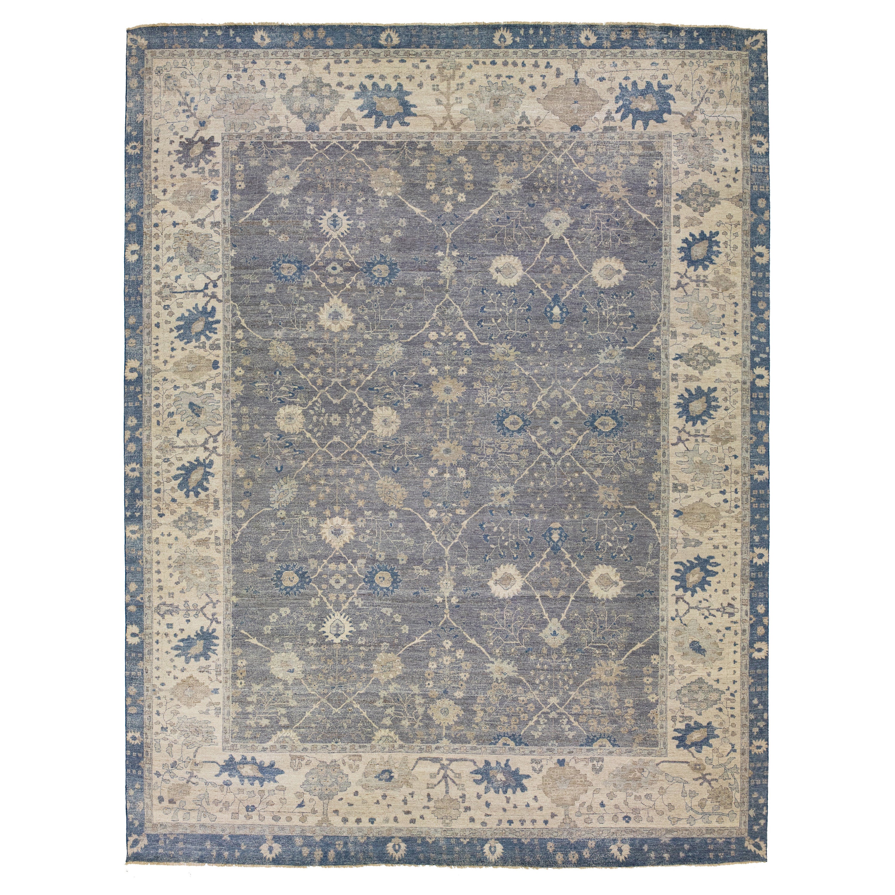 Modern Indian Mahal Gray Oversize Wool Rug With Allover Motif by Apadana For Sale