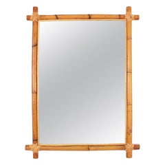 Used Large Rattan Bamboo Rectangular Mirror with Crossed Corners