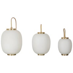 Set of 3 Opaline Glass and Brass Ceiling Fixtures for Lyfa, 1950s