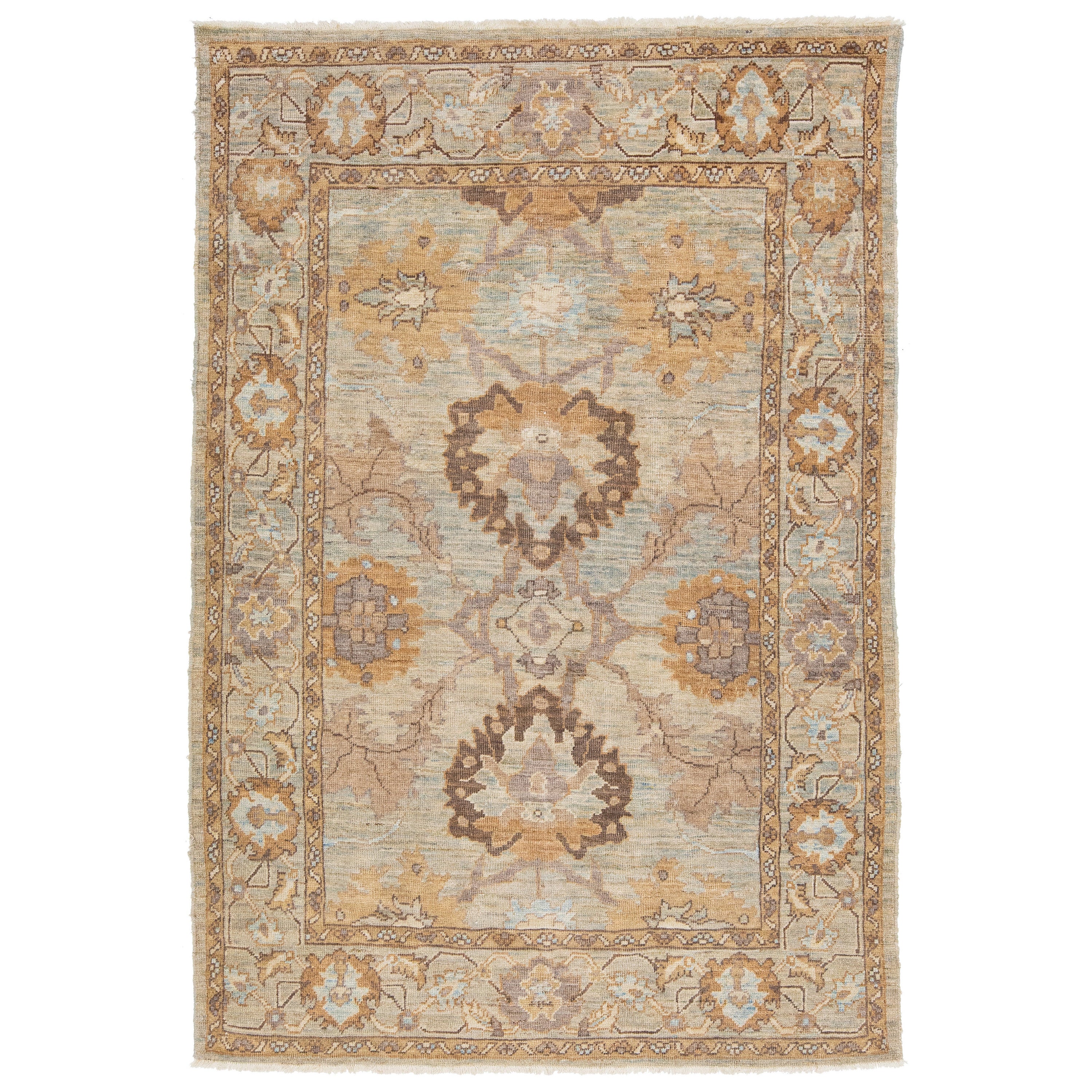 Handmade Brown Modern Sultanabad Wool Rug with Allover Design For Sale