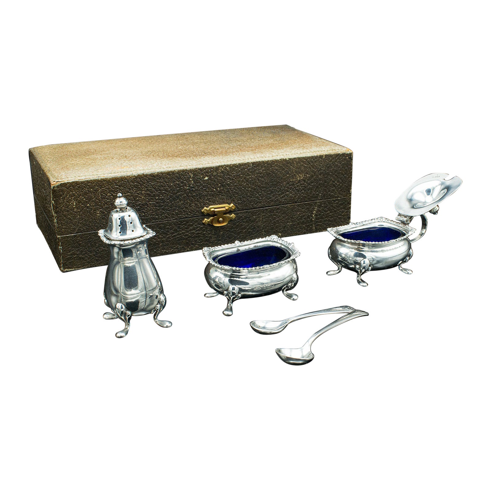 Vintage Cased Condiment Set, English, Silver, Tableware, Hallmarked, Dated 1948