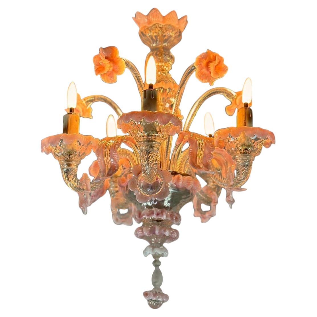 Petit lustre vénitien à 5 bras en verre de Murano incolore et rose 1920 en vente