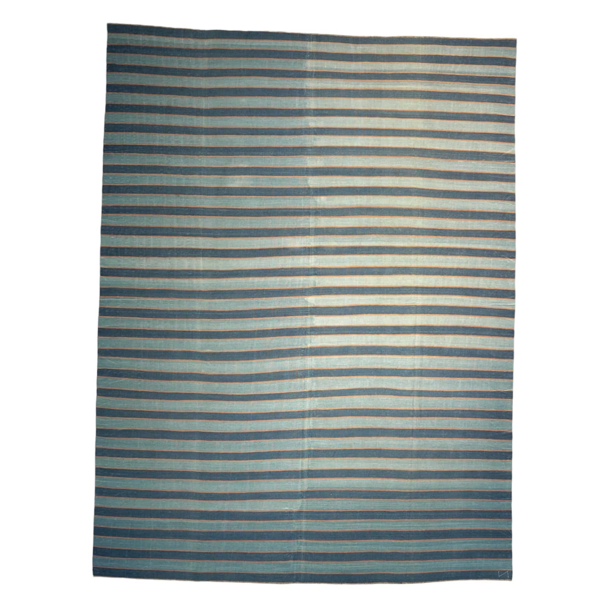 Vintage Dhurrie Teppich, mit blauen Streifen, von Rug & Kilim im Angebot