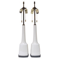 Pair of Tall American Modernist White Porcelain and Brass Tables Lamps