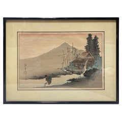 Antique Koho Shoda Signed Japanese Meiji Woodblock Print A Watermill Affixed to a Shed