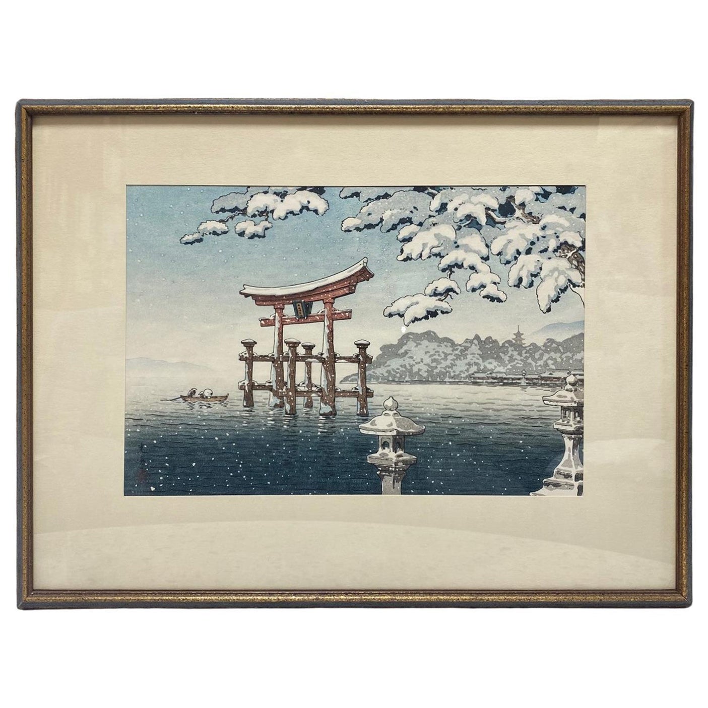 Tsuchiya Koitsu Signed Japanese Early Showa Woodblock Print Snow at Miyajima For Sale