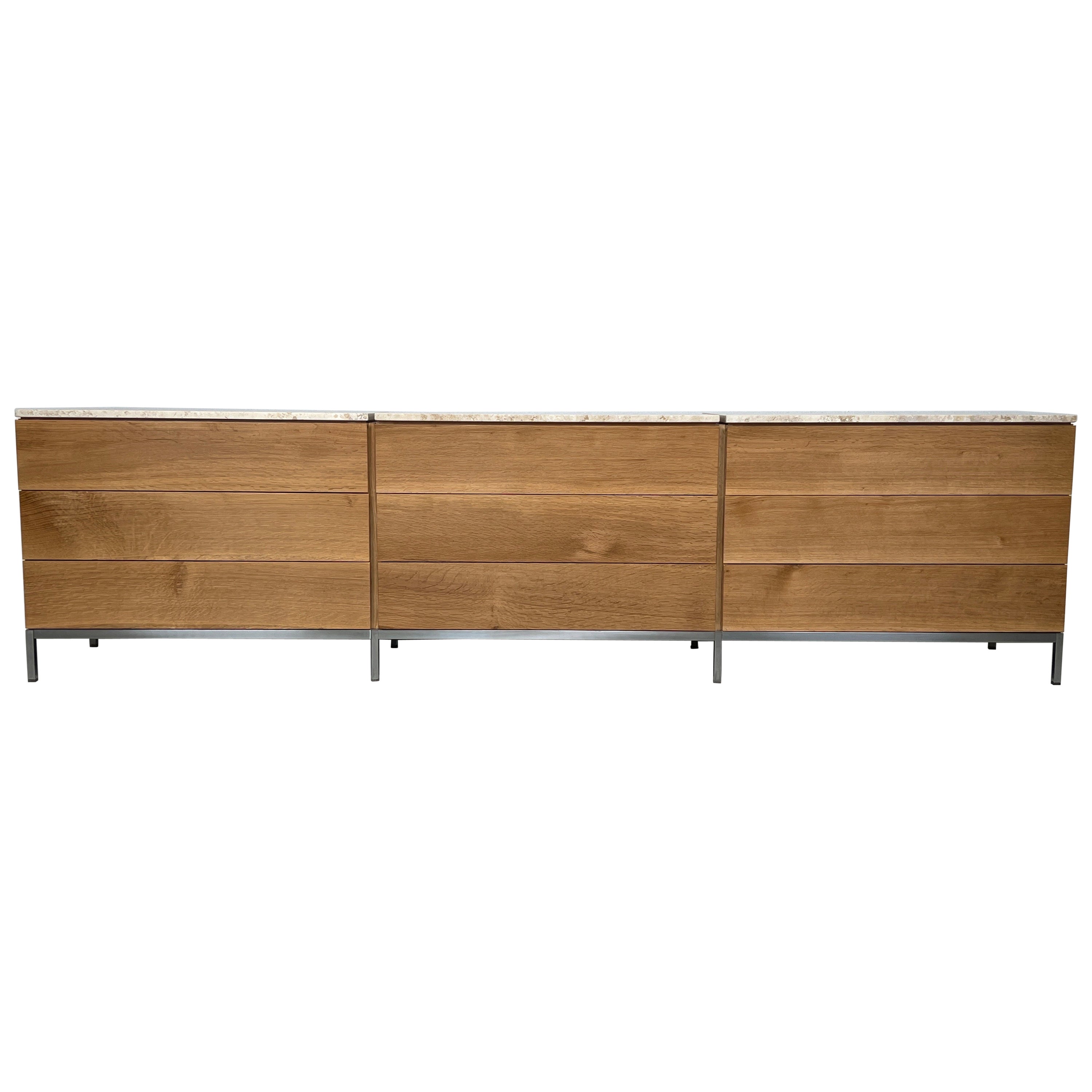 Florence Knoll Triple Dresser in Oak and Travertine  For Sale