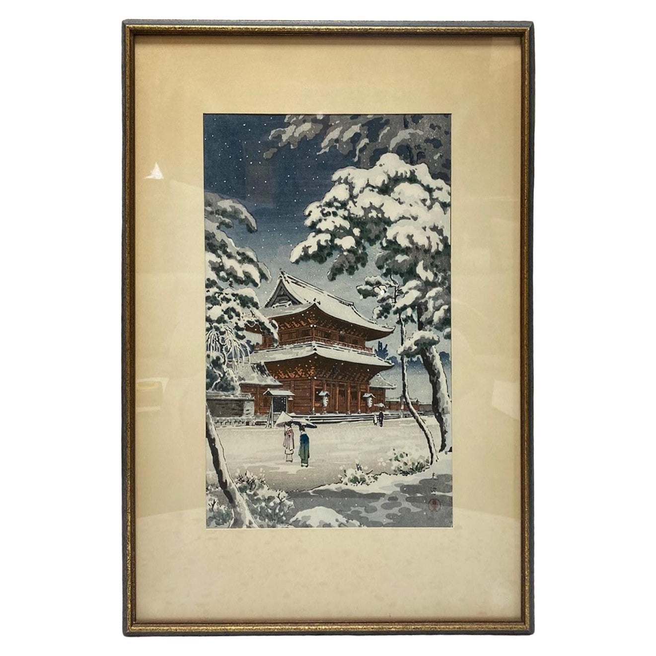 Tsuchiya Koitsu Signed Japanese Showa Woodblock Print Zojo-ji Temple in Snow For Sale