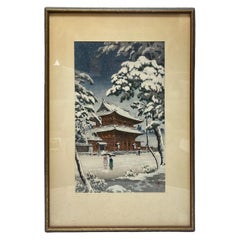 Le temple Zojo-ji en neige japonais Showa signé Tsuchiya Koitsu