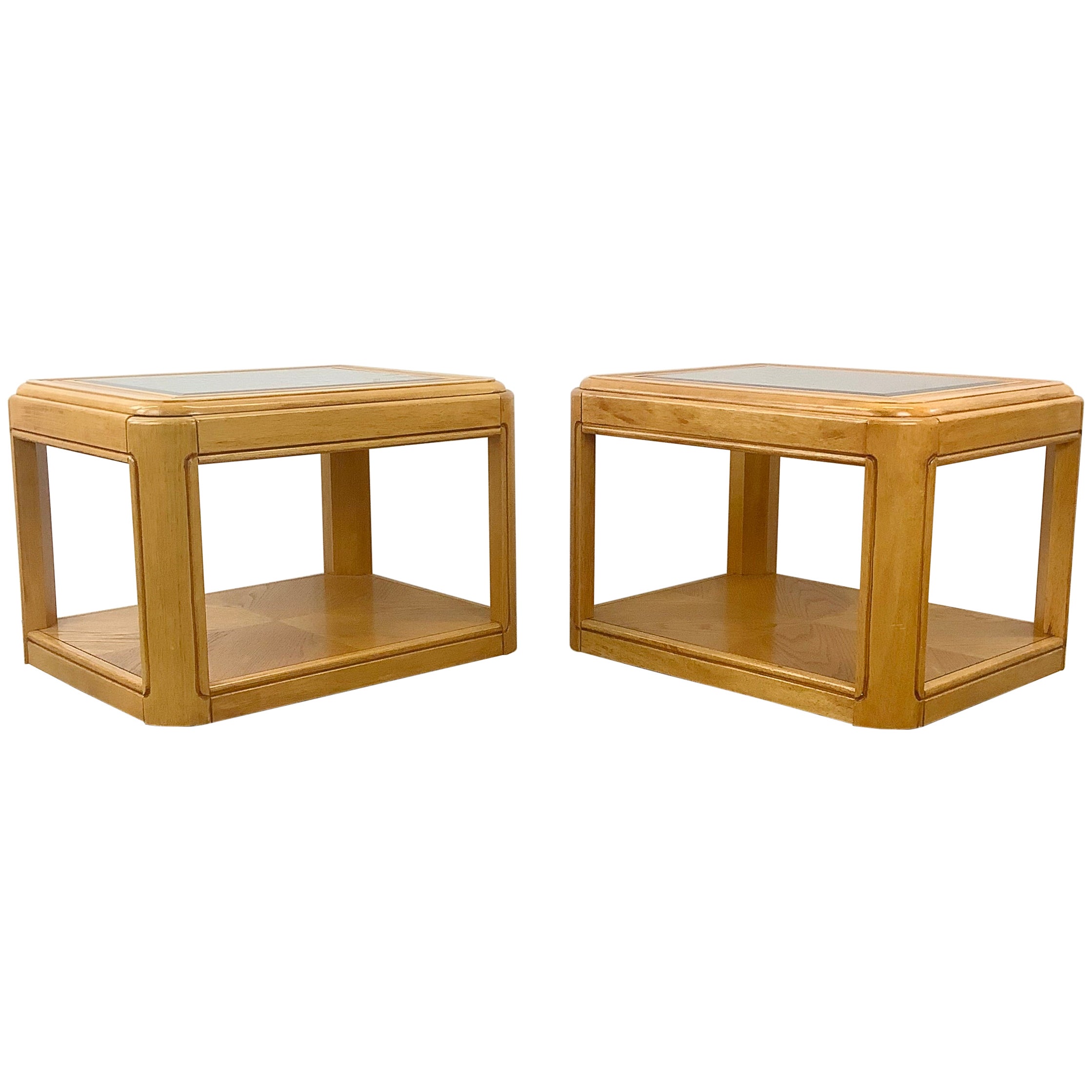 Pair Retro Oak End Tables with Glass Tops For Sale