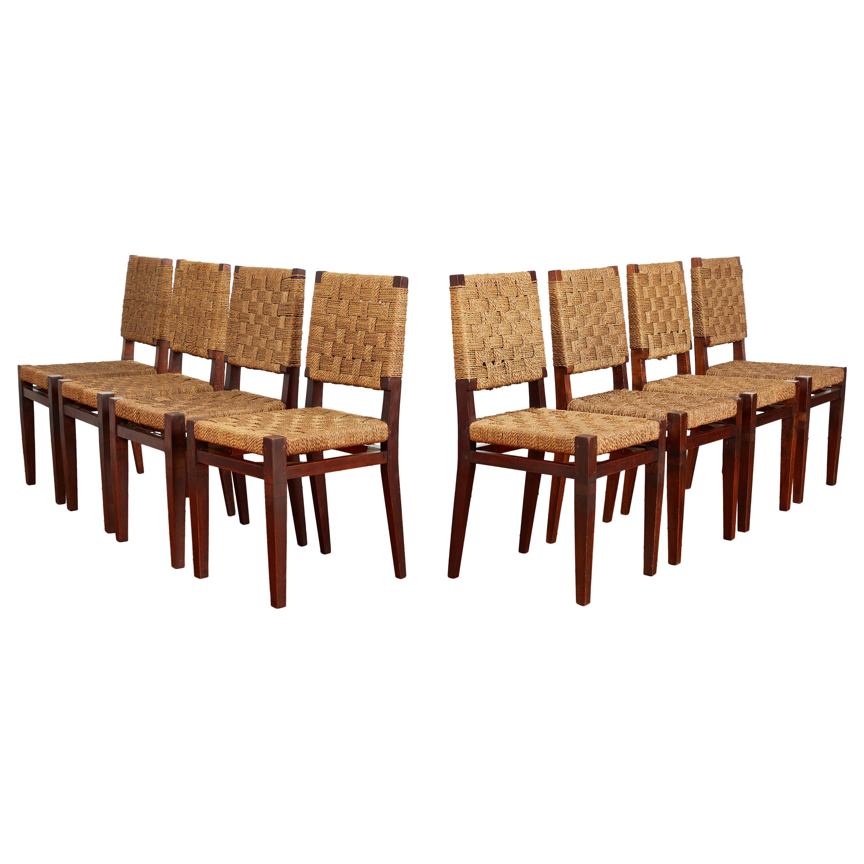 French Walnut & Rope Dining Chairs  - Set of 8 