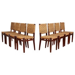 Retro French Walnut & Rope Dining Chairs  - Set of 8 