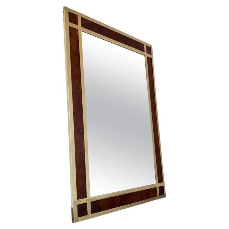 Willy Rizzo Wall Mirror in Brass and Burlwood  For Sale