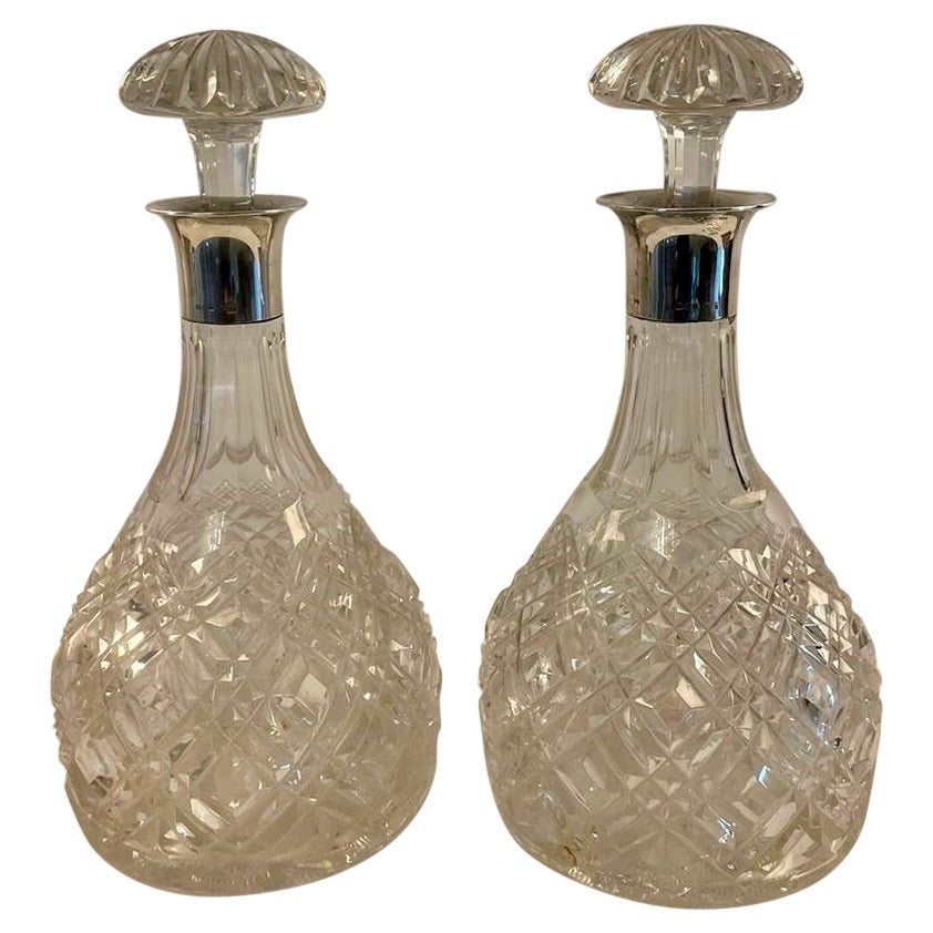 Superb Quality Pair of Antique Edwardian Cut Glass Decanters with Silver Mounts  For Sale