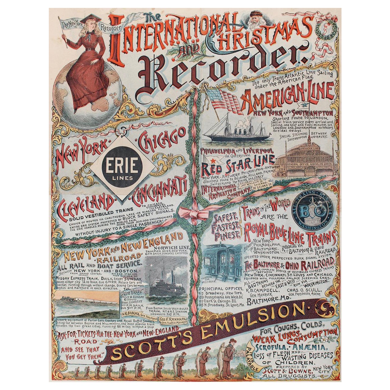 New York Recorder Poster, Christmas Edition, Original Vintage Lithograph, 1893 For Sale