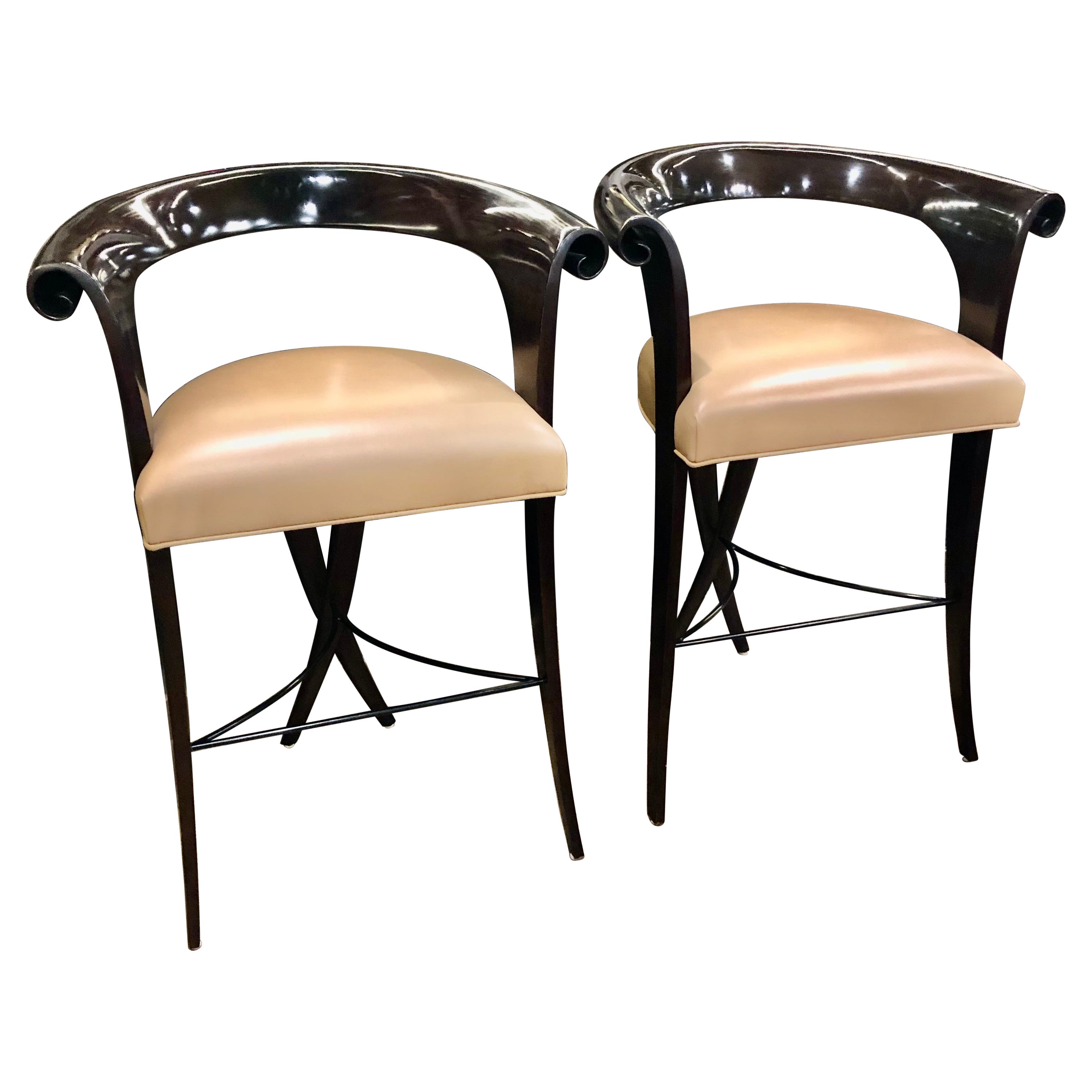 Luxurious Pair of Christopher Guy Xaviera Barstools with Leather Seats For Sale