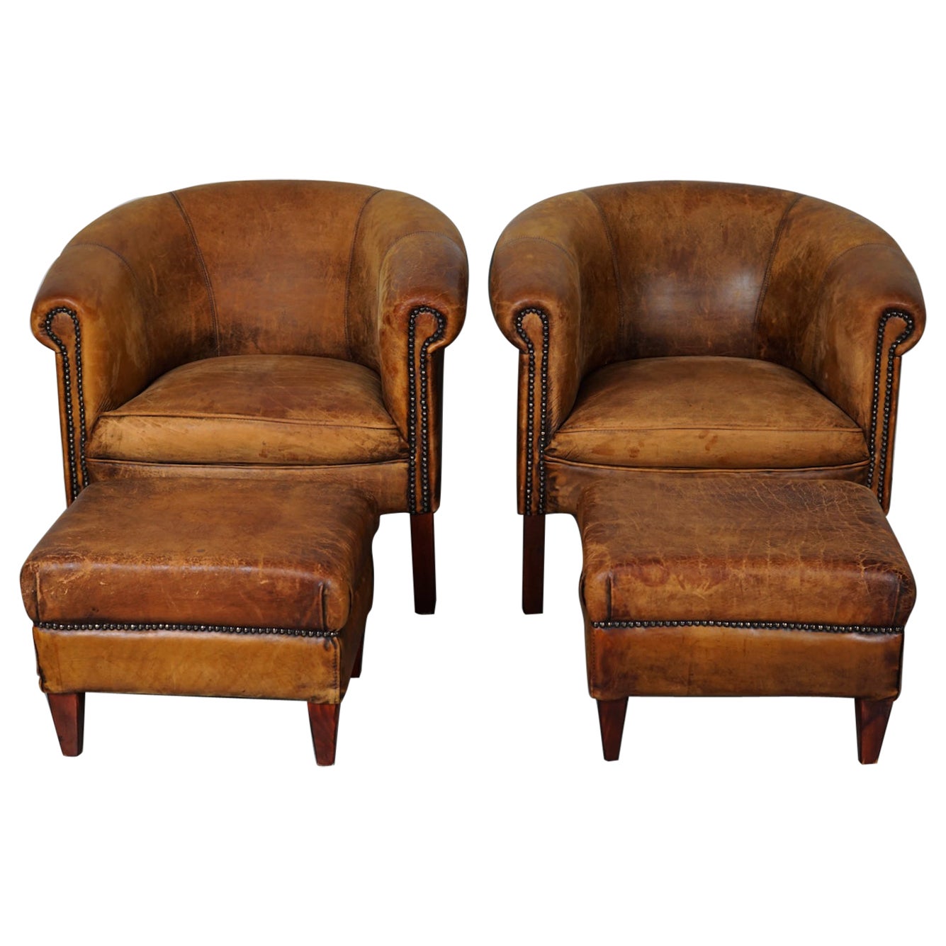 Vintage Dutch Cognac Colored Leather Club Chair, Set of 2 with Footstools For Sale