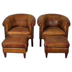 Fauteuil club néerlandais vintage en cuir de couleur cognac, lot de 2 avec poufs