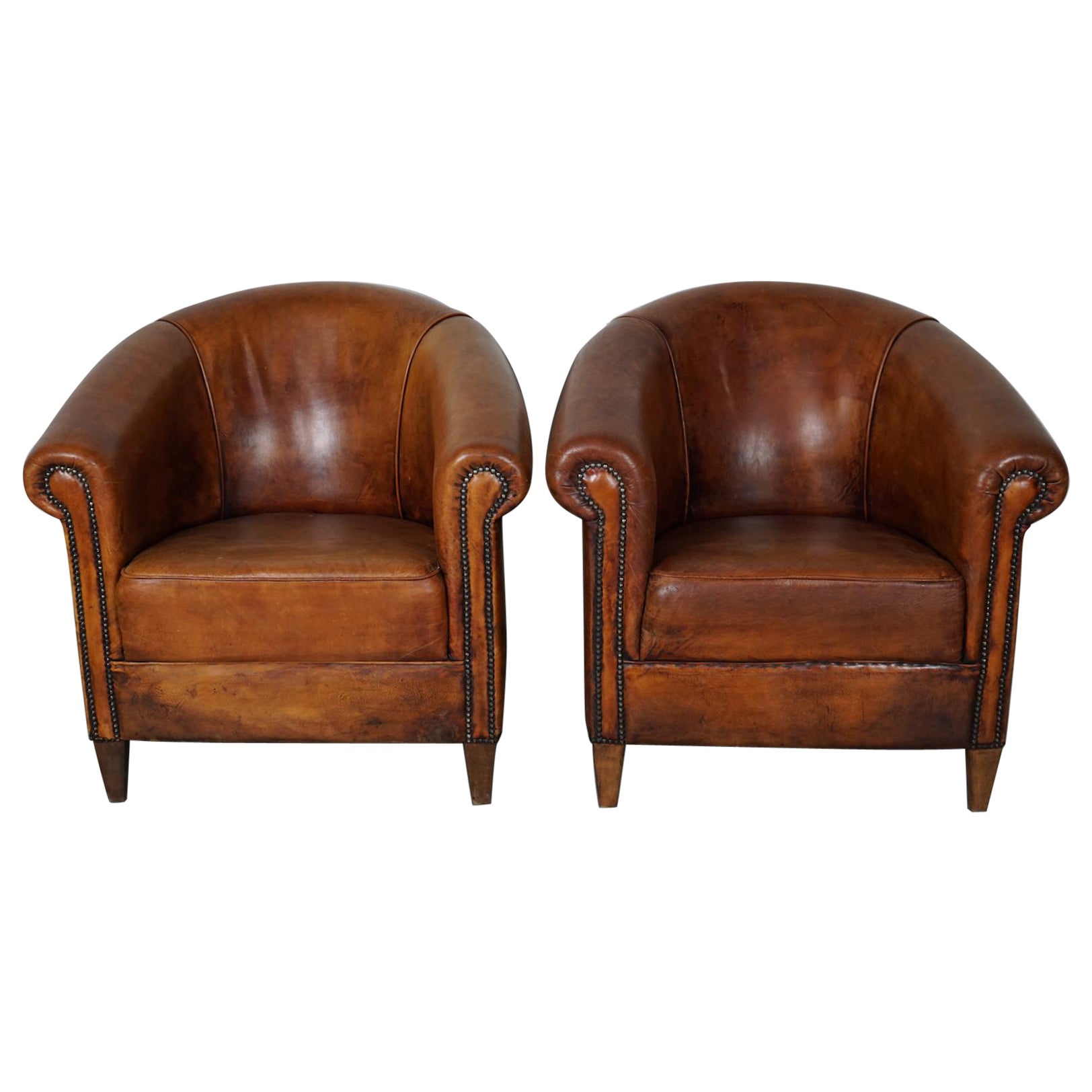 Vintage Dutch Cognac Colored Leather Club Chair, Set of 2