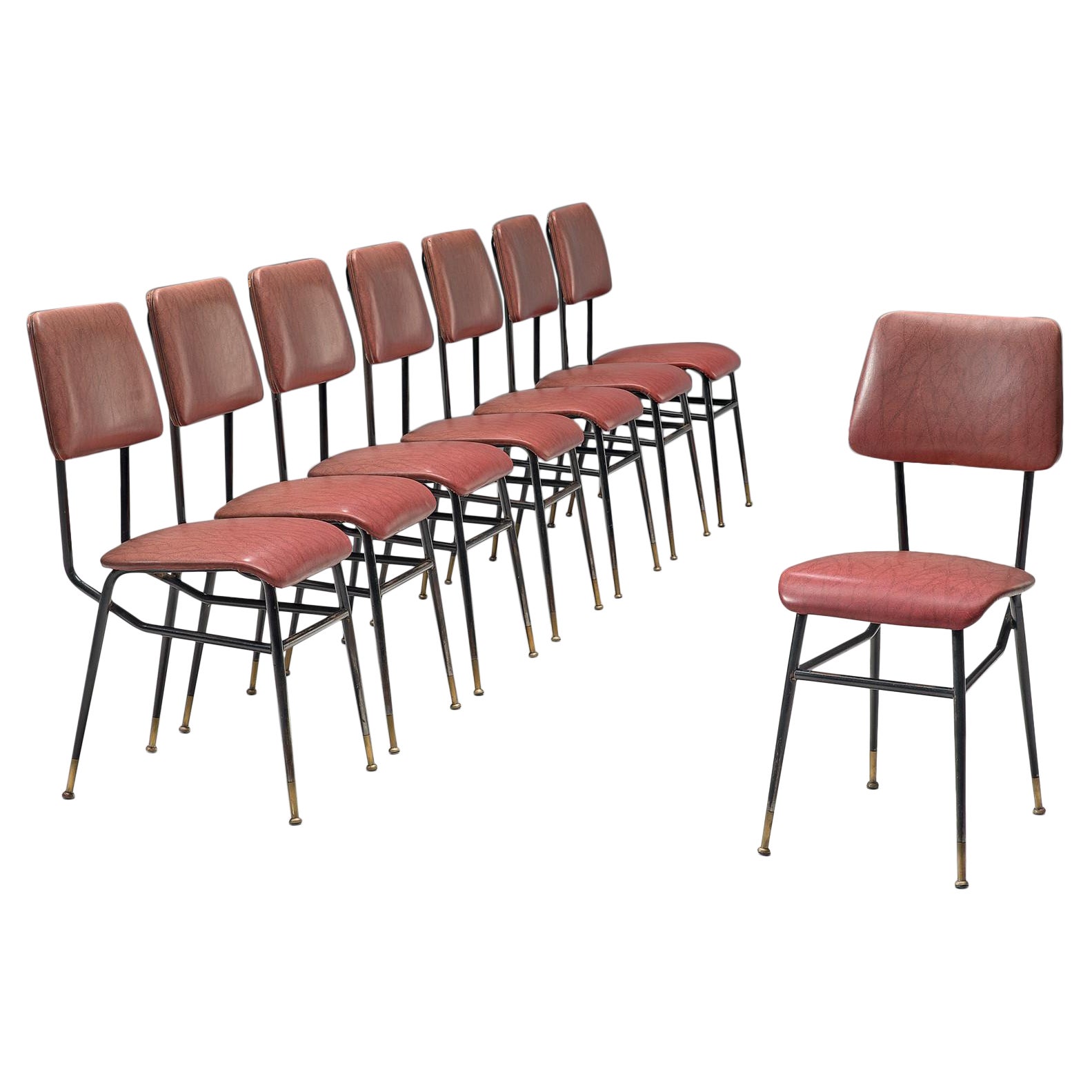 Set of Eight Italian Dining Chairs with Brass Feet  For Sale