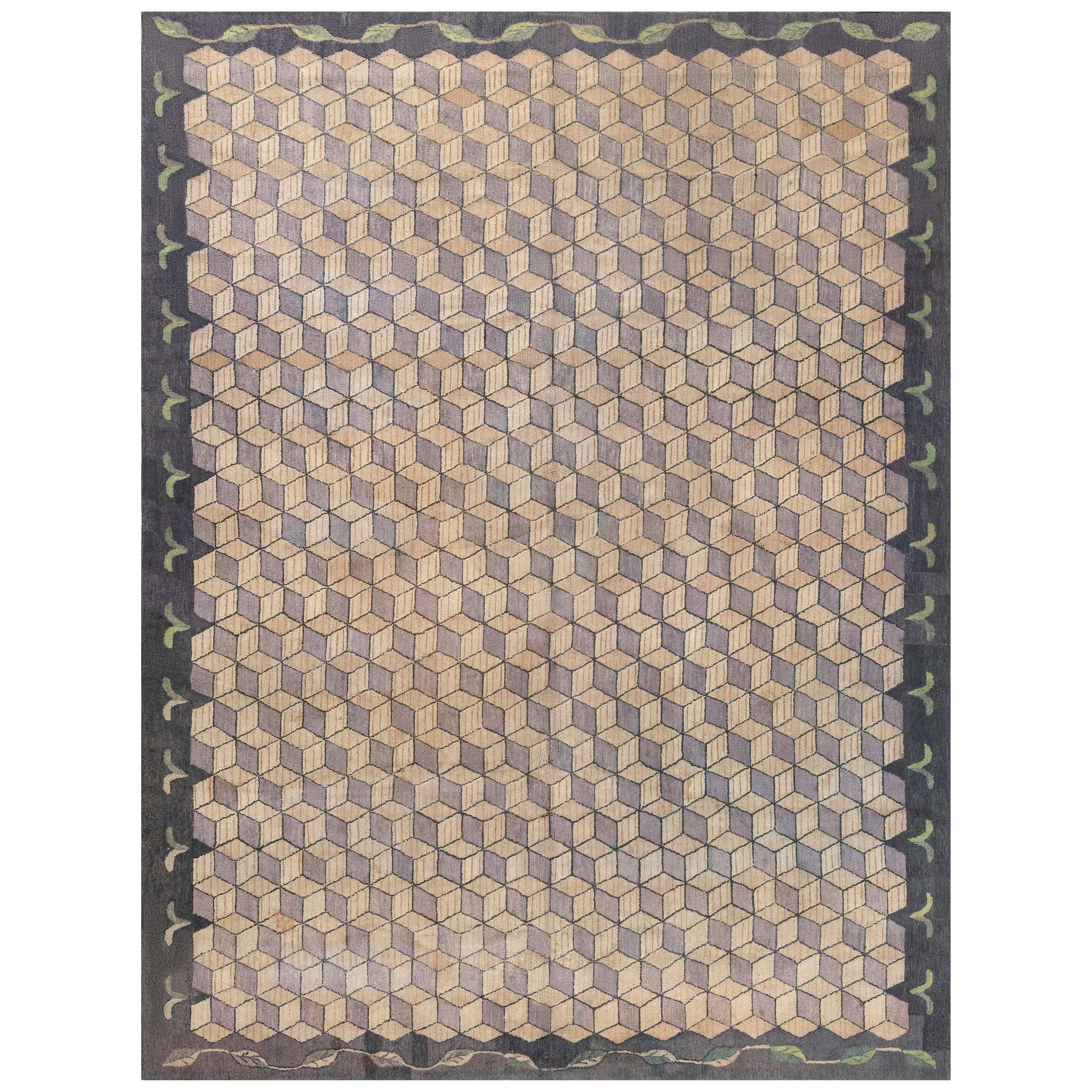 Vintage American Hooked Geometric Hand Knotted Wool Rug