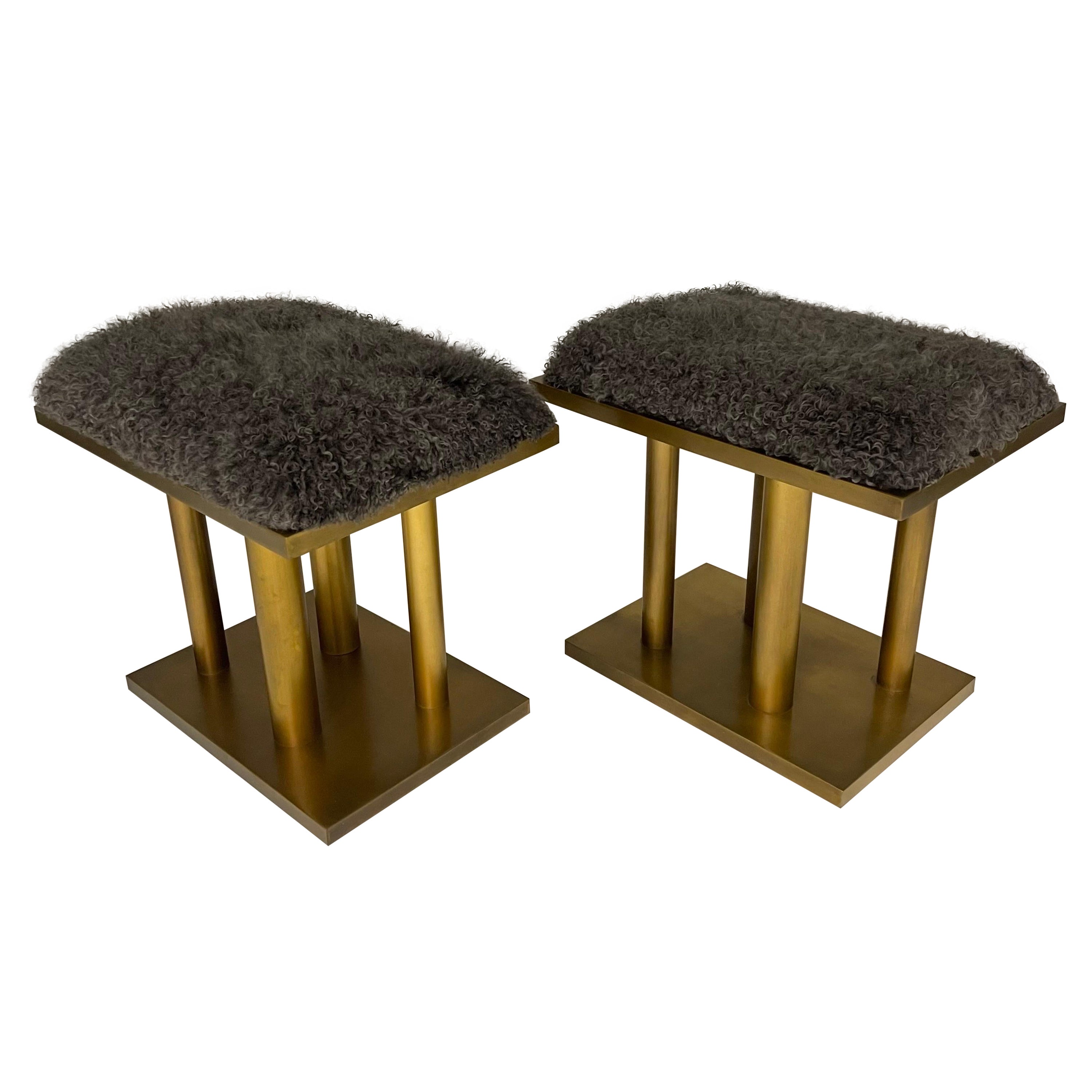 Pair of Kelly Wearstler Bronze and Grey Curly Mongolian Lamb Stools, USA 2015