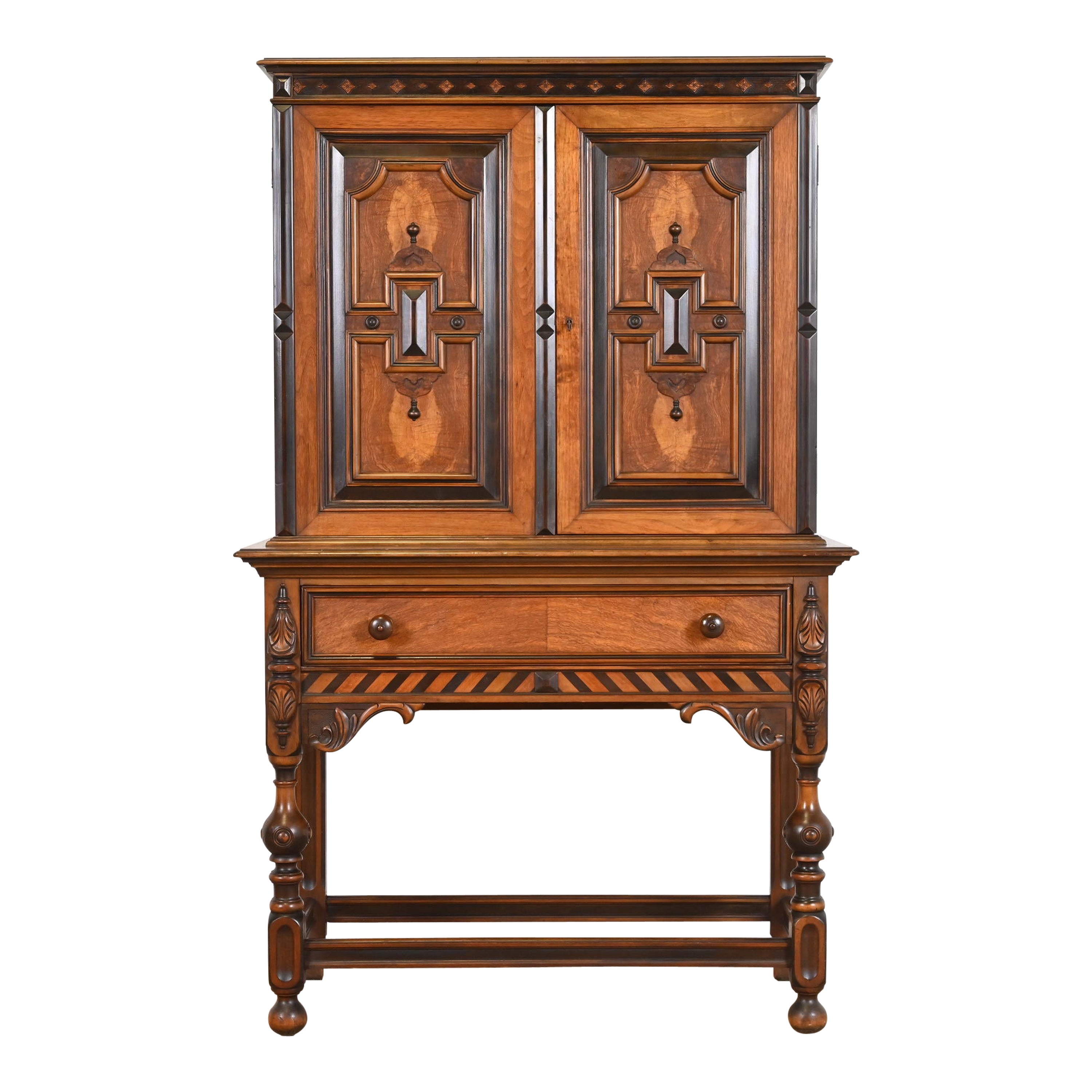 Berkey & Gay English Jacobean Walnut and Burl Wood Bookcase or Bar Cabinet For Sale