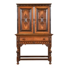 Antique Berkey & Gay English Jacobean Walnut and Burl Wood Bookcase or Bar Cabinet