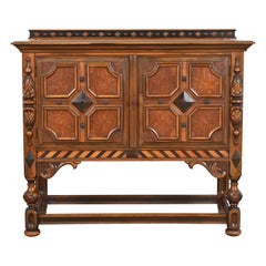 Berkey & Gay English Jacobean Walnut and Burl Wood Sideboard or Bar Cabinet