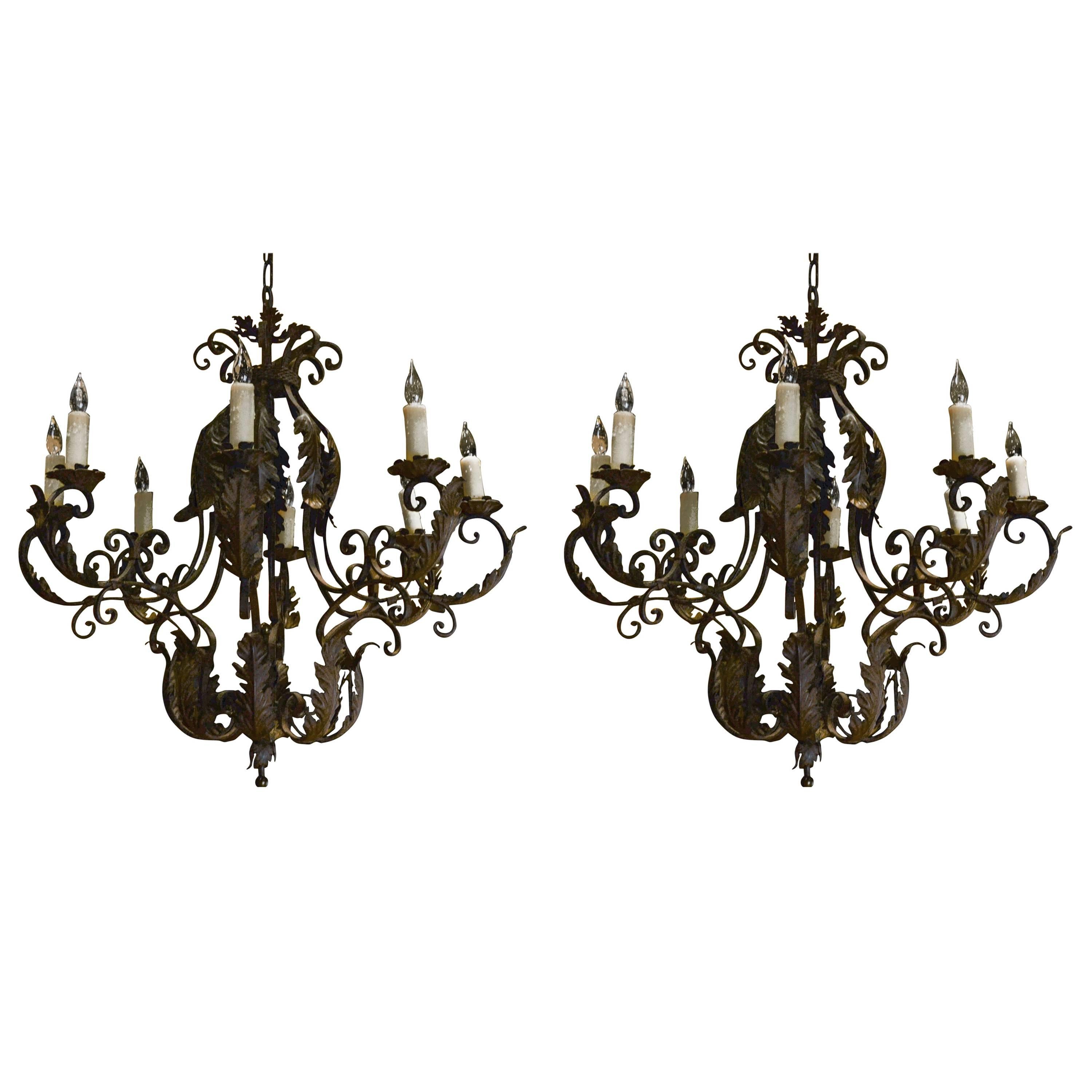 Pair of 1930s Italian Rococo Style Basket Form Tole and Iron Chandeliers
