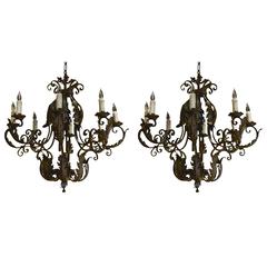 Pair of 1930s Italian Rococo Style Basket Form Tole and Iron Chandeliers 11