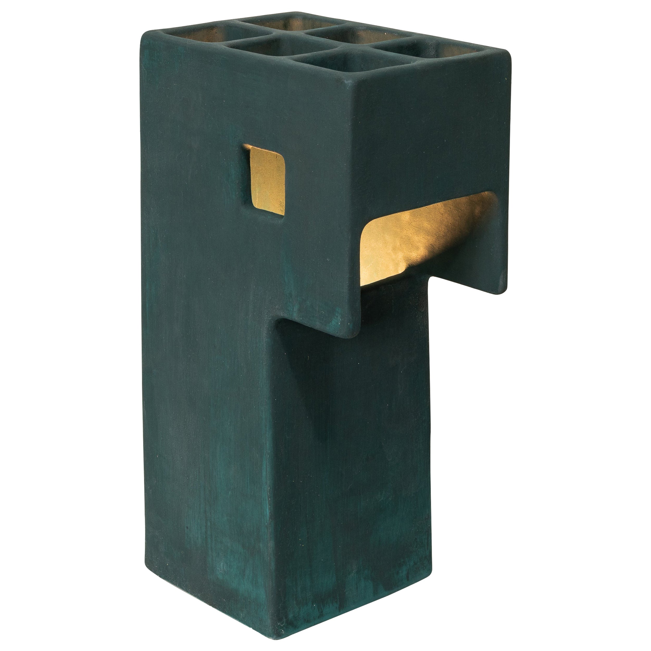 Ding Dong-Tischlampe von Luft Tanaka, Keramik, dunkelgrün, brutalistisch, geometrisch