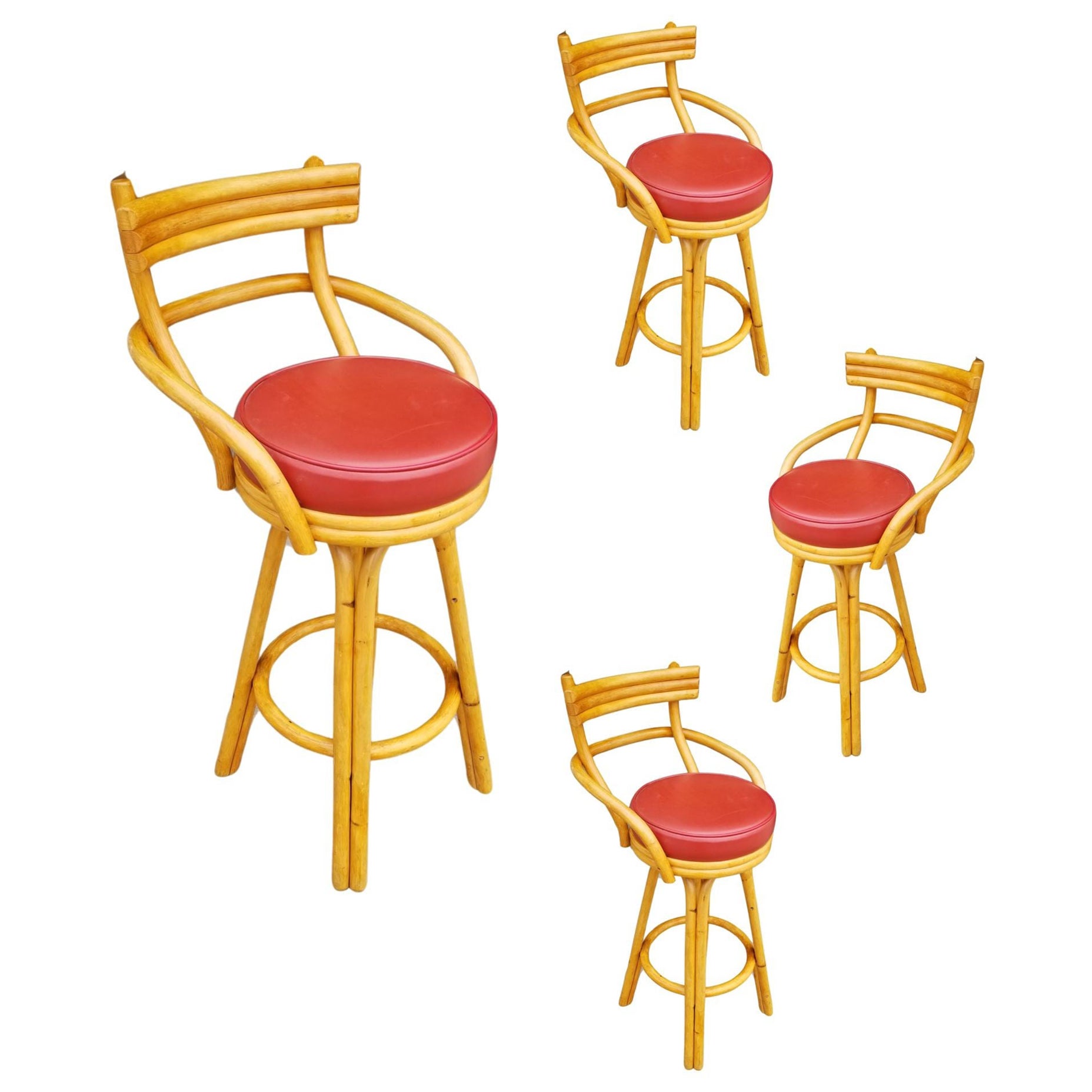 Restored Rattan Stacked Bar stools w/ Red Seat, Set of 4
