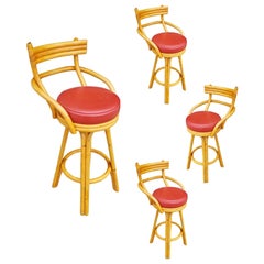 Restored Rattan Stacked Bar stools w/ Red Seat, Set of 4