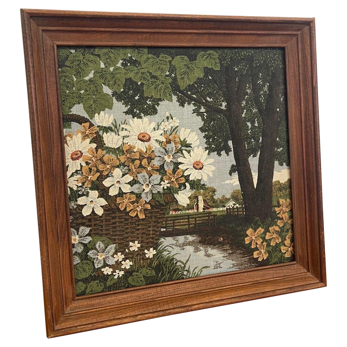 Vintage Kay Dee Floral Linen Print Within Wooden Frame. For Sale