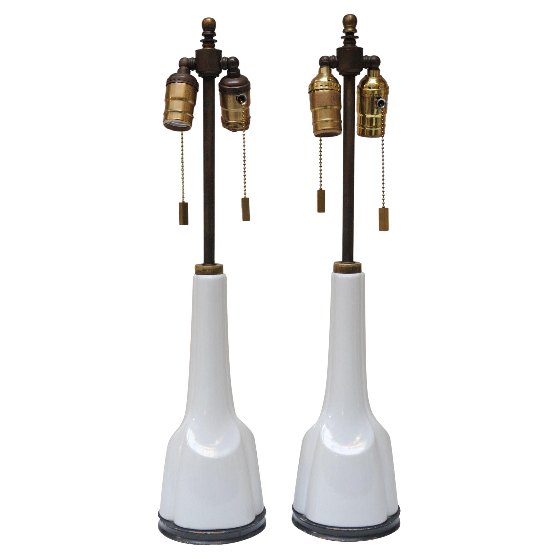 Pair of Sculptural Vintage American White Porcelain and Brass Tables Lamps