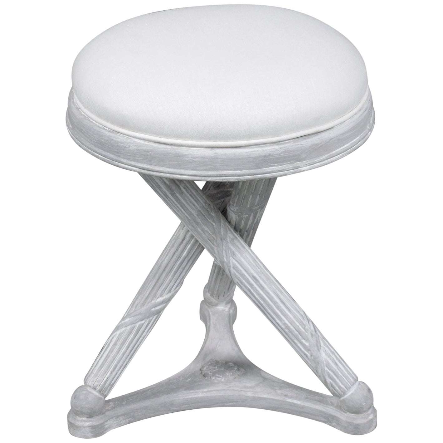 Restored Mid-Century Modern X-Base Stool in White & Gray with Linen Cushion For Sale