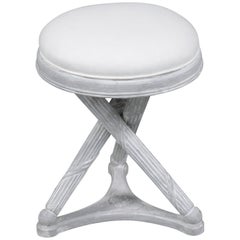 Restored Mid-Century Modern X-Base Stool in White & Gray with Linen Cushion