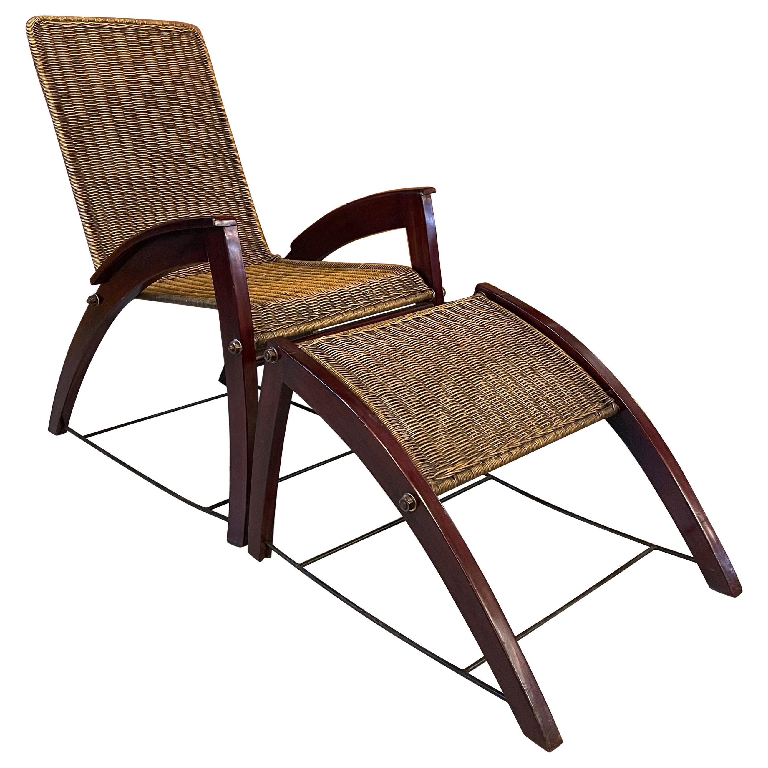Art Deco Maple Wicker Lounge Chair Ottoman Set For Sale