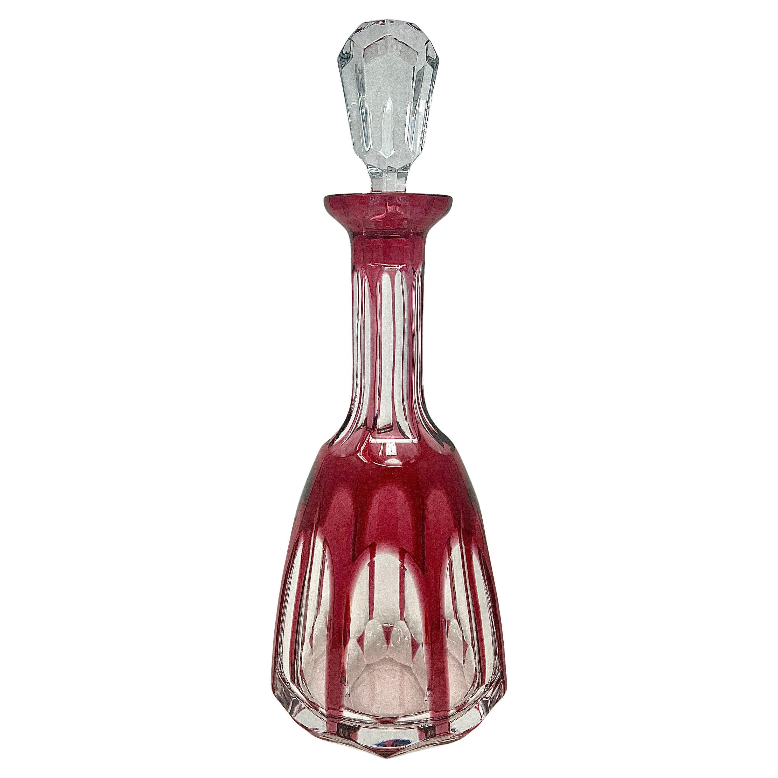 Antique Cranberry Cut to Clear Crystal Wine Decanter with Stopper, Circa 1920. For Sale
