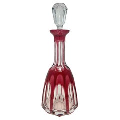 Vintage Cranberry Cut to Clear Crystal Wine Decanter with Stopper, Circa 1920.
