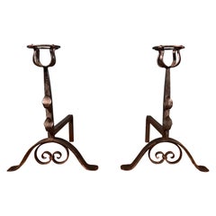 Pair of Arts & Crafts Wrought Iron Floor Standing Low Candle Holders c.1880